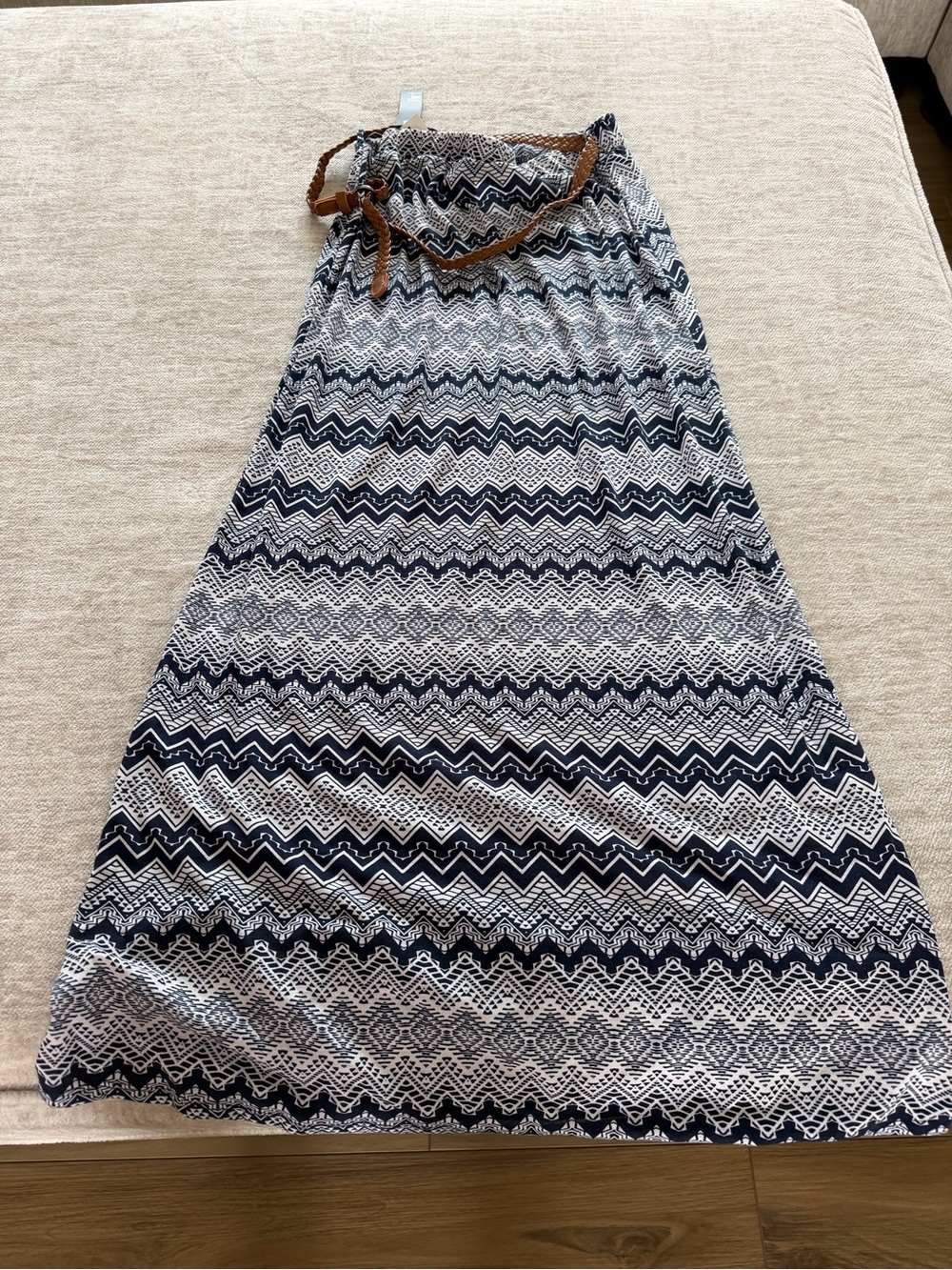 Ultra Flirt Navy and White Chevron-Style Maxi Skirt with braided belt